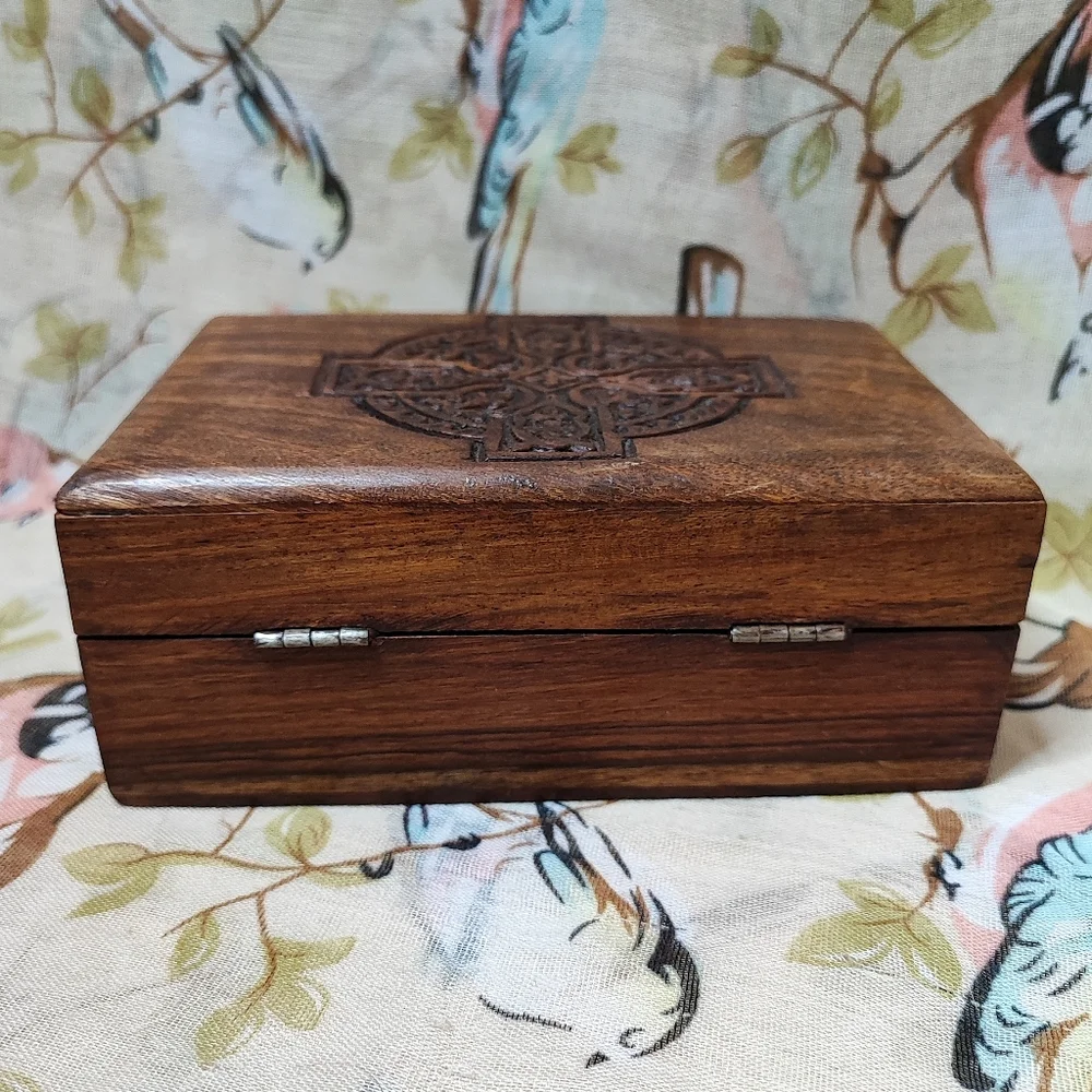 Celtic Cross Carved Wood Wooden Jewelry Craft Stash Secrets Bohemian Crafted Box